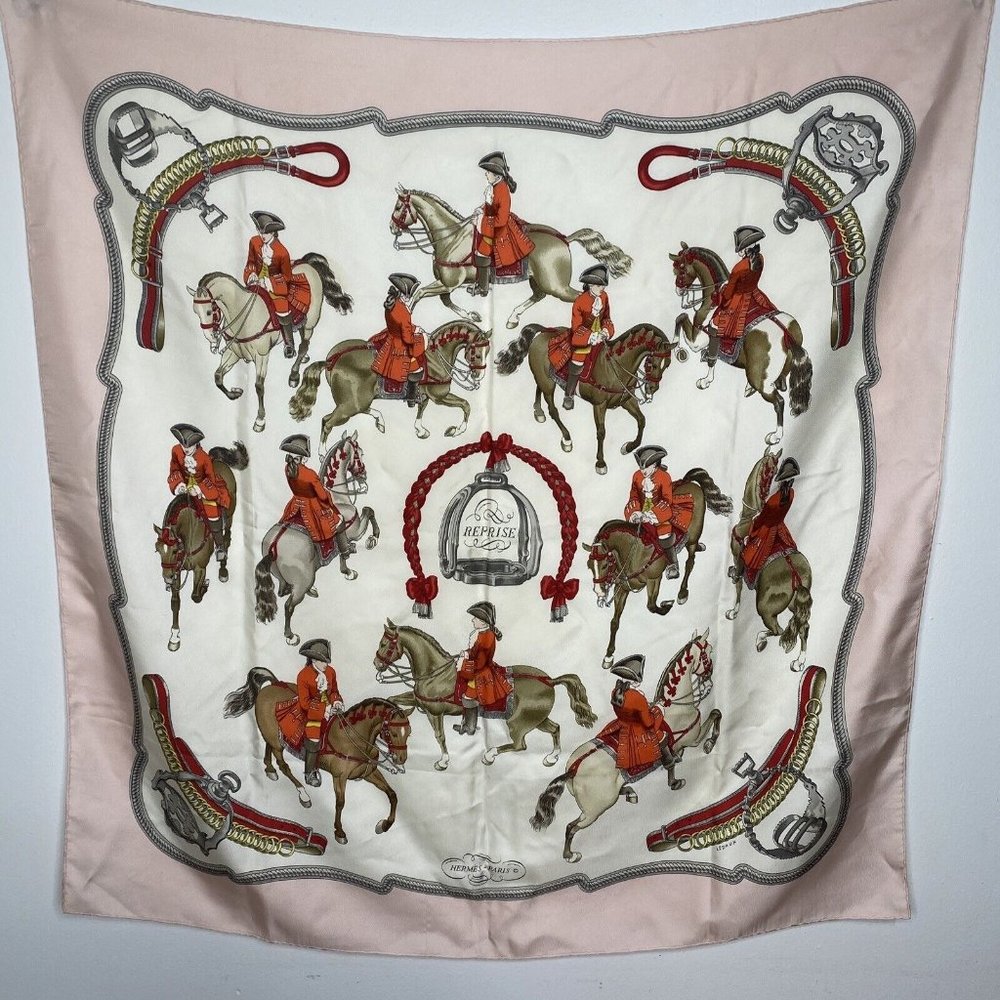 HERMES Silk Scarf Reprise Carre 90 Philippe Ledoux Pink Red Horse Equestrian